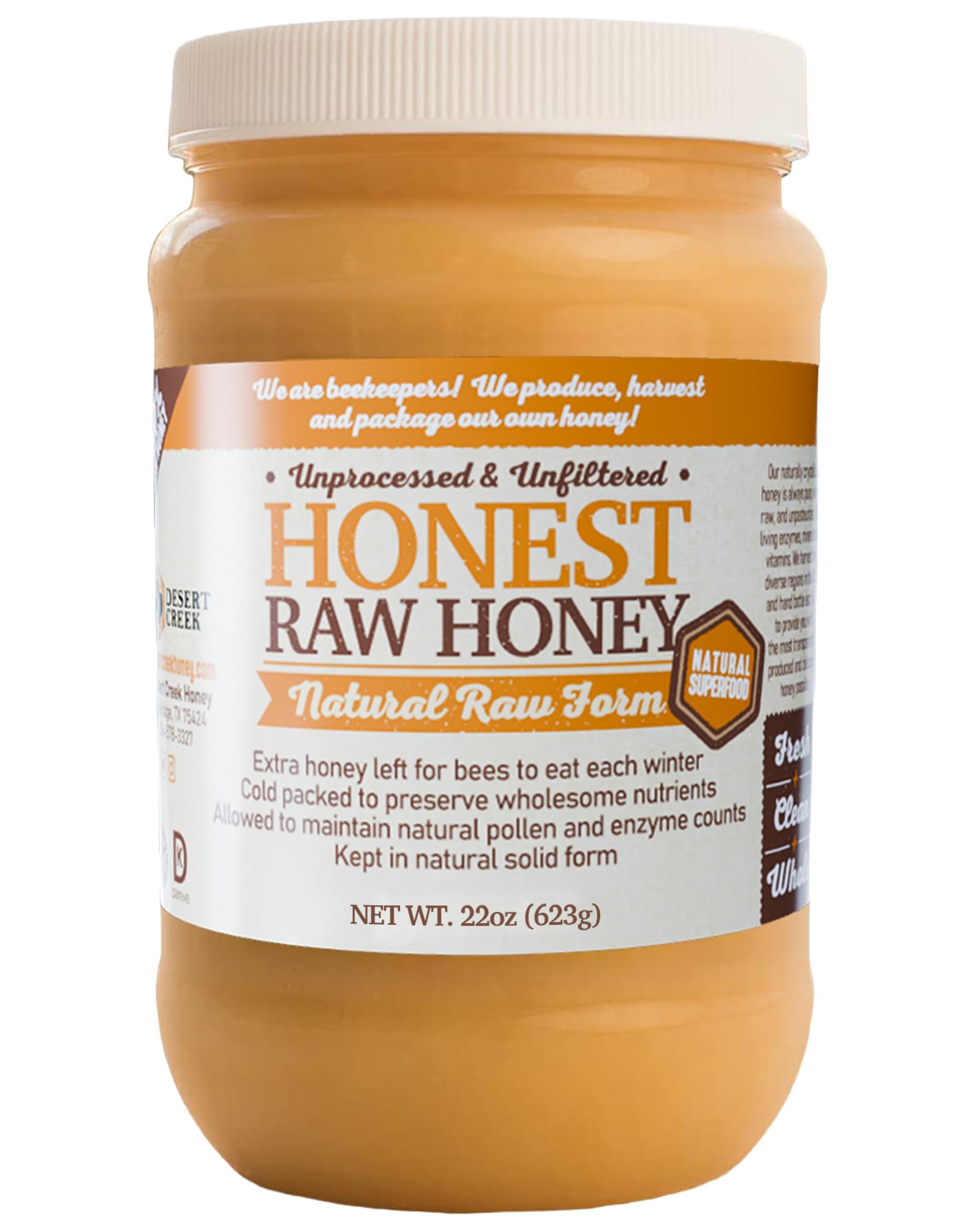 Desert Creek Honey jar front view showing honest raw honey, clear origin labeling and freshness benefit