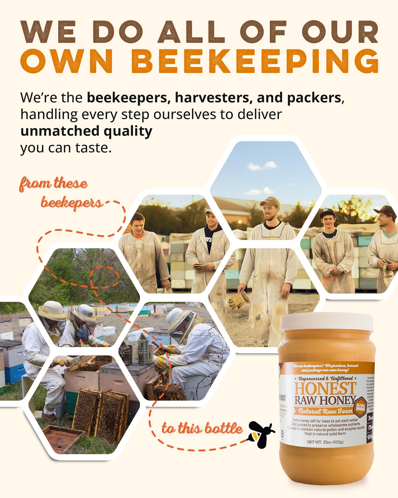 Desert Creek Honey open jar showing thick raw honey texture and preserved pollen for flavor benefit