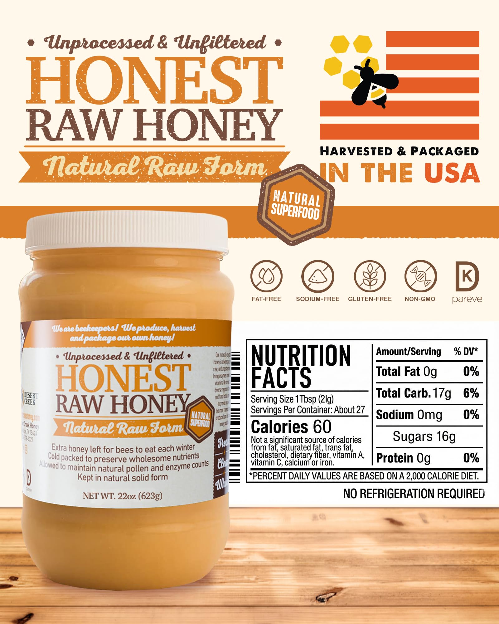 Desert Creek Honey label close-up highlighting Honest Raw Honey certification and traceability benefits