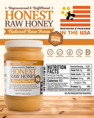 Desert Creek Honey label close-up highlighting Honest Raw Honey certification and traceability benefits