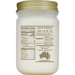 Desert Farms open jar revealing smooth camel fat texture, easy melting for cooking