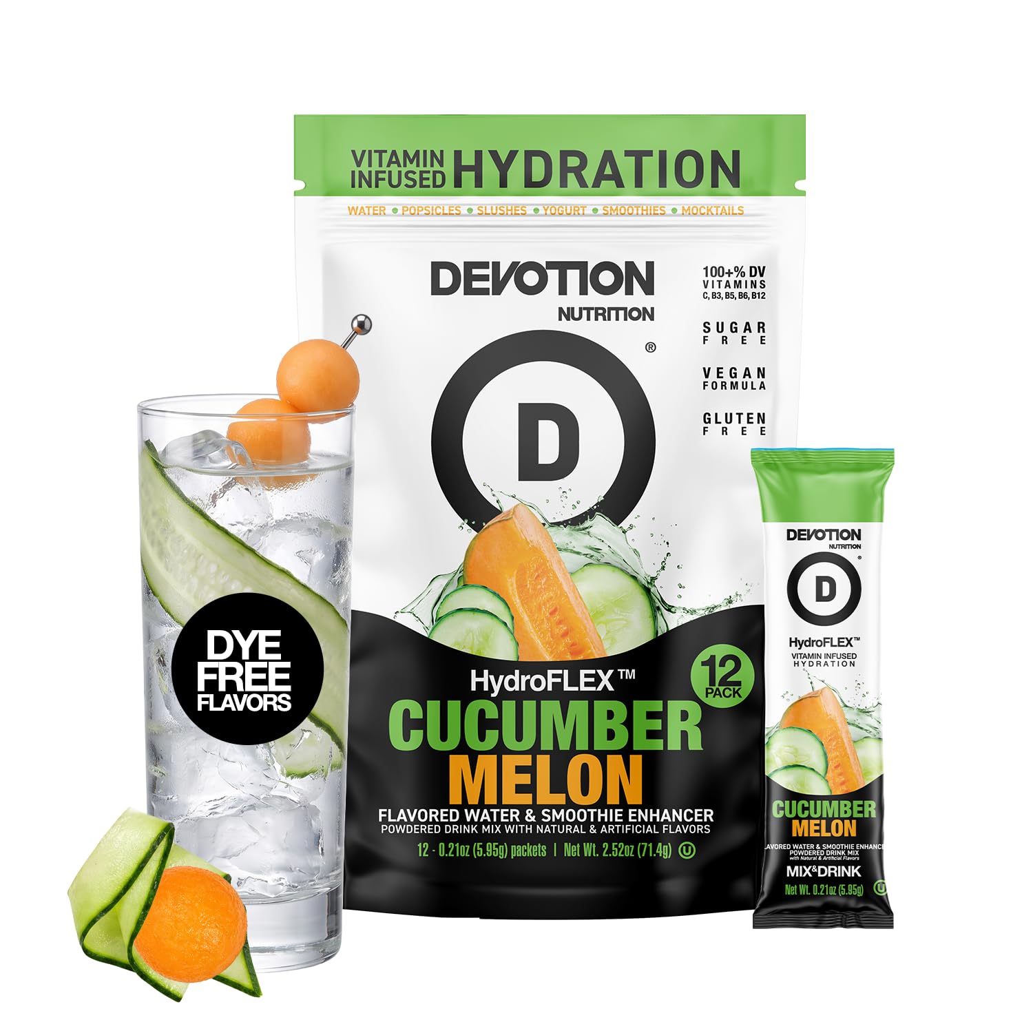 Devotion HydroFLEX front packaging showing cucumber melon flavor and benefits