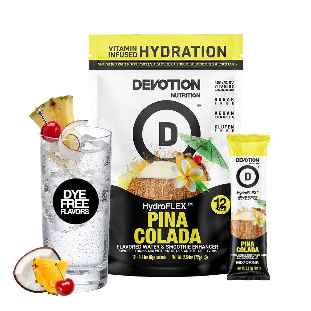 Devotion HydroFLEX front packaging showing 12-stick Pina Colada pack and benefits