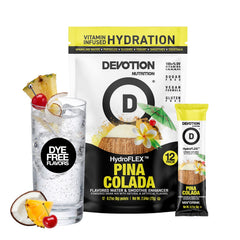 Devotion HydroFLEX front packaging showing 12-stick Pina Colada pack and benefits