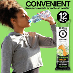 Devotion HydroFLEX stick beside water bottle showing correct serving size
