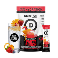 Devotion Nutrition front packaging showing 12 Party Punch sticks and clear benefits
