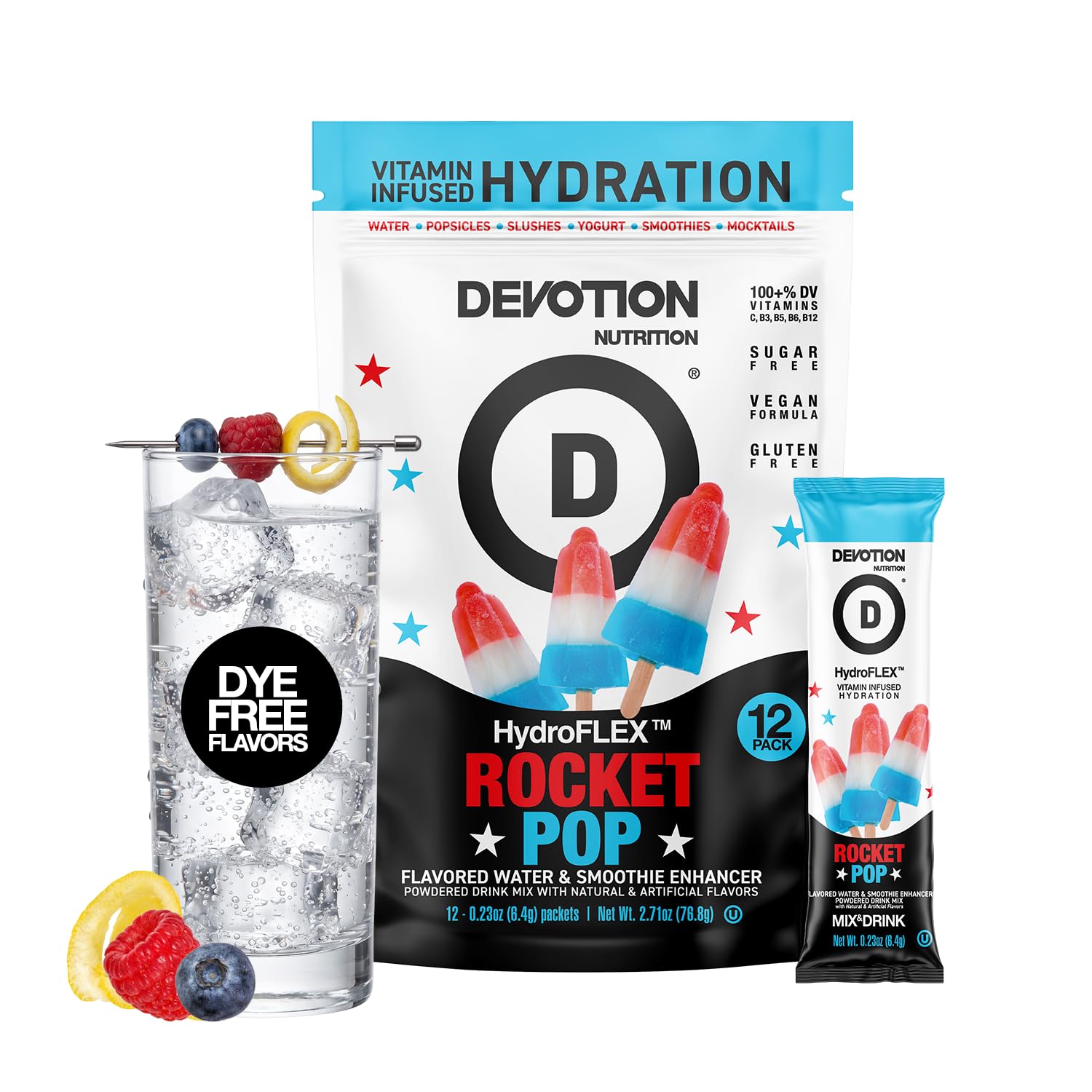 Devotion HydroFLEX front packaging showing Rocket Pop flavor and vitamin benefits