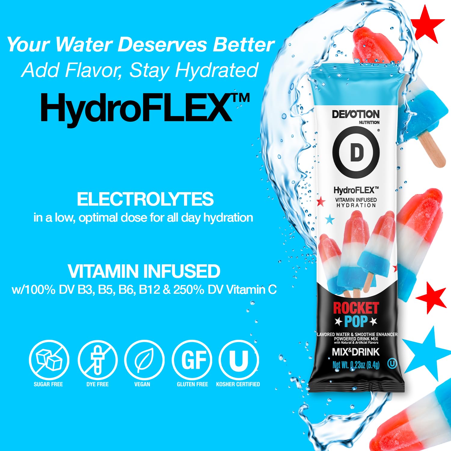 Devotion HydroFLEX single stick close-up with clear ingredient labeling and portability benefits
