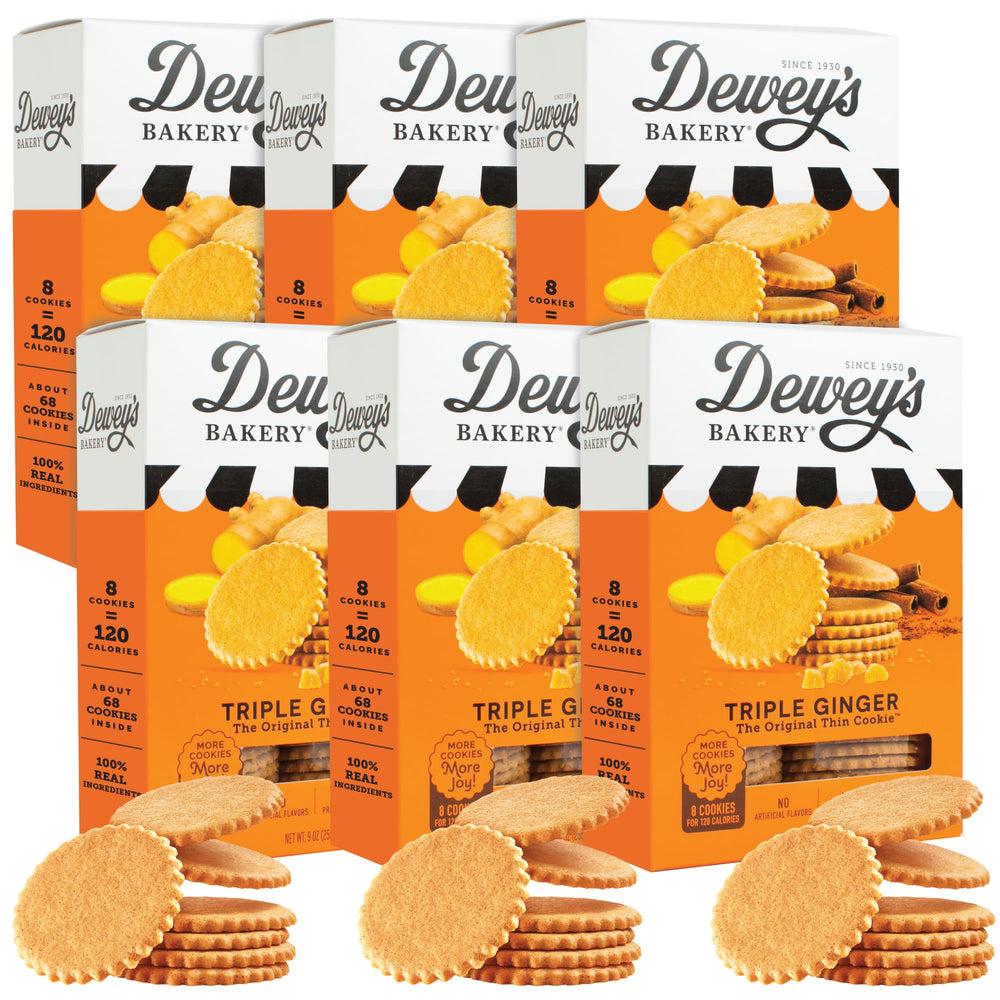 Dewey's Bakery front packaging showing six 9 oz boxes and brand logo for gifting