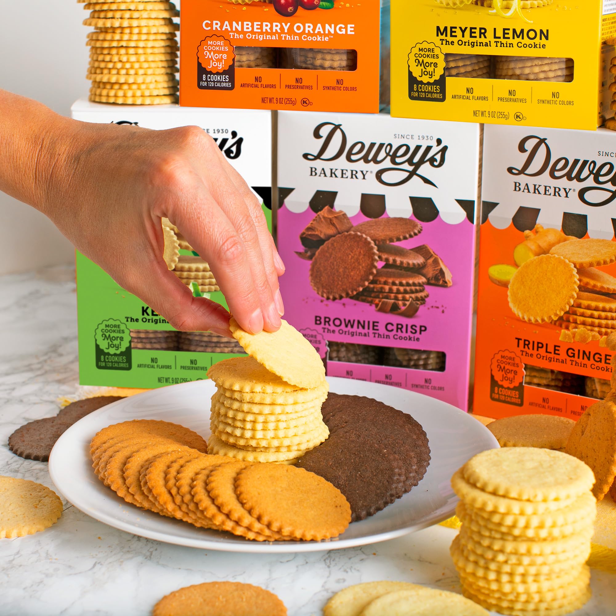 Dewey's Bakery open box revealing neatly stacked Moravian cookie thins