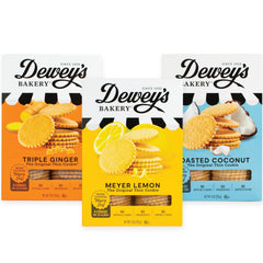 Dewey's Bakery variety pack front packaging shows three 9 oz boxes, clear gift appeal