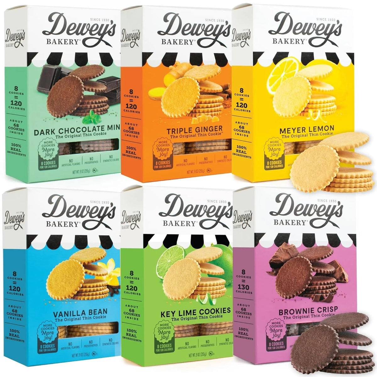Dewey's front packaging collection showing six 9 oz boxes and branding benefit convenience