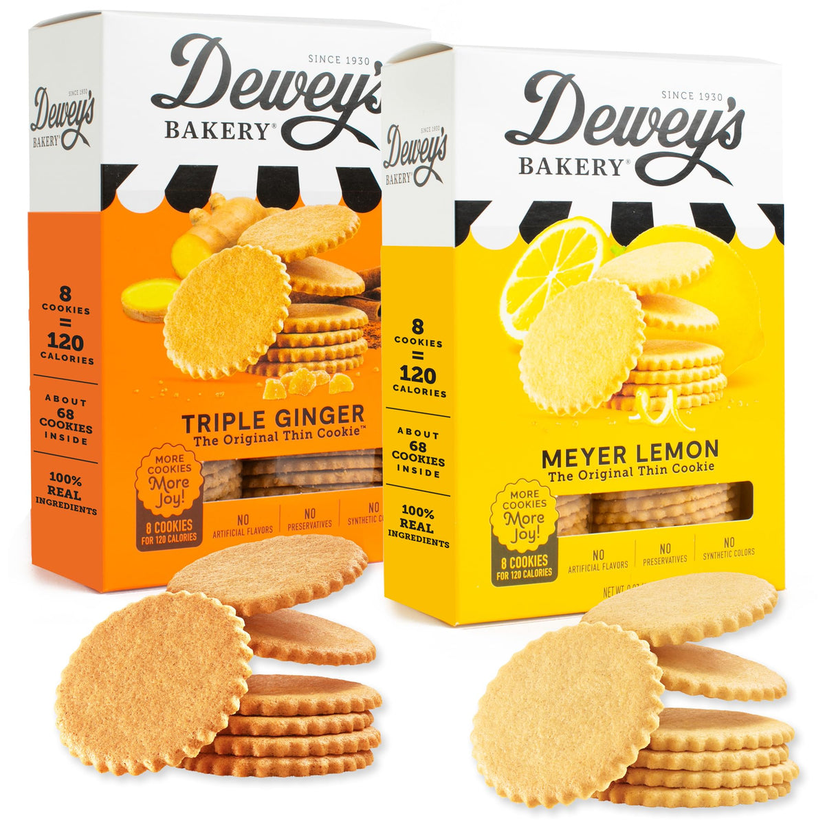 Dewey's front packaging showing both Meyer Lemon and Triple Ginger boxes for easy choice