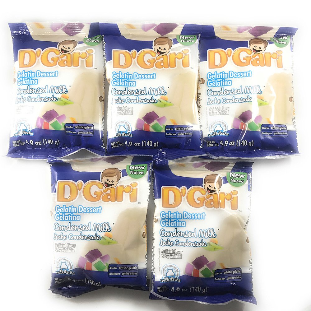 D'Gari front packaging showing five condensed milk gelatin cups and convenience benefit