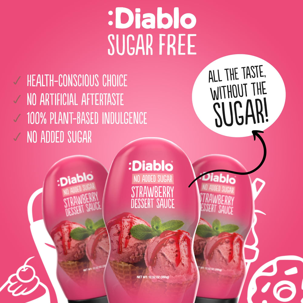 Diablo drizzled on pancakes offering vivid strawberry flavor and breakfast upgrade