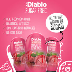 Diablo drizzled on pancakes offering vivid strawberry flavor and breakfast upgrade