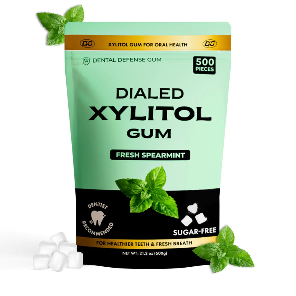Dialed Gum front packaging showing bulk 500-piece supply and spearmint benefit