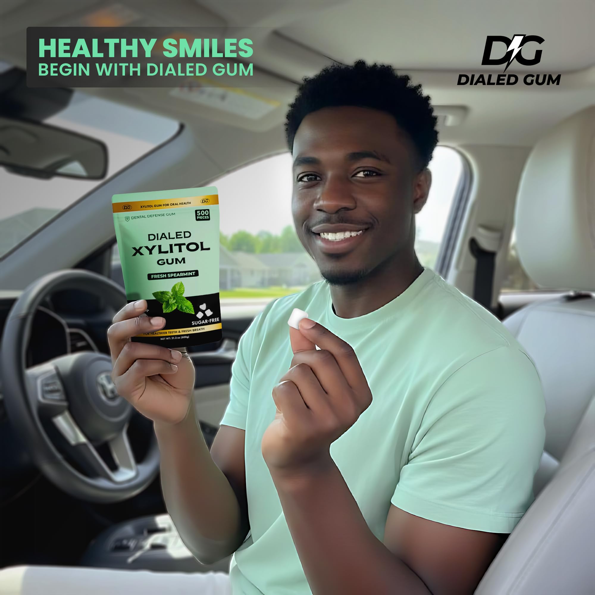 Person chewing Dialed Gum after a meal showing on-the-go oral care benefit
