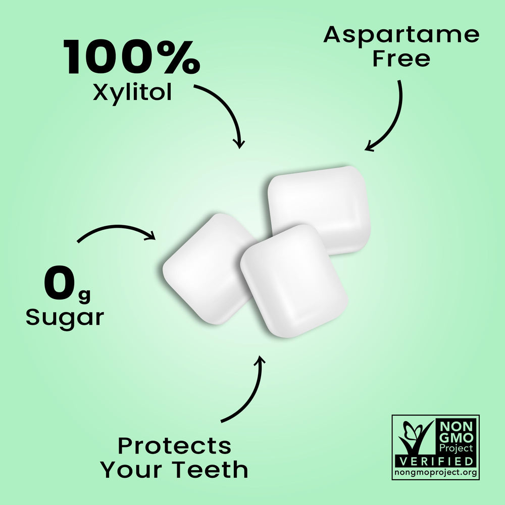 Dialed Gum texture chew detail highlighting xylitol sweetness for oral support