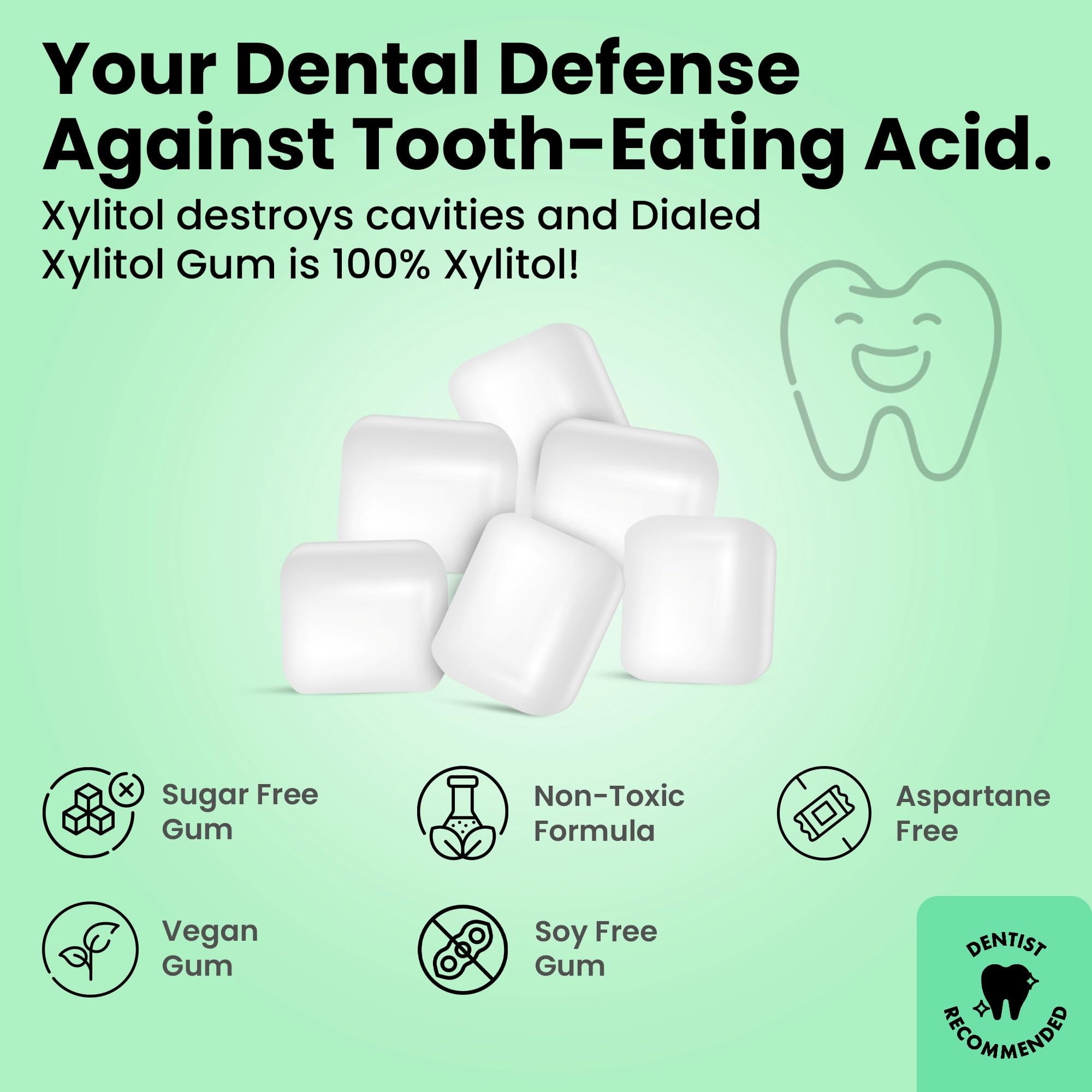 label close-up on Dialed Gum jar emphasizing 100% xylitol and aspartame-free benefits