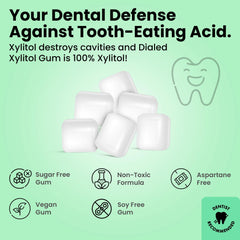 label close-up on Dialed Gum jar emphasizing 100% xylitol and aspartame-free benefits