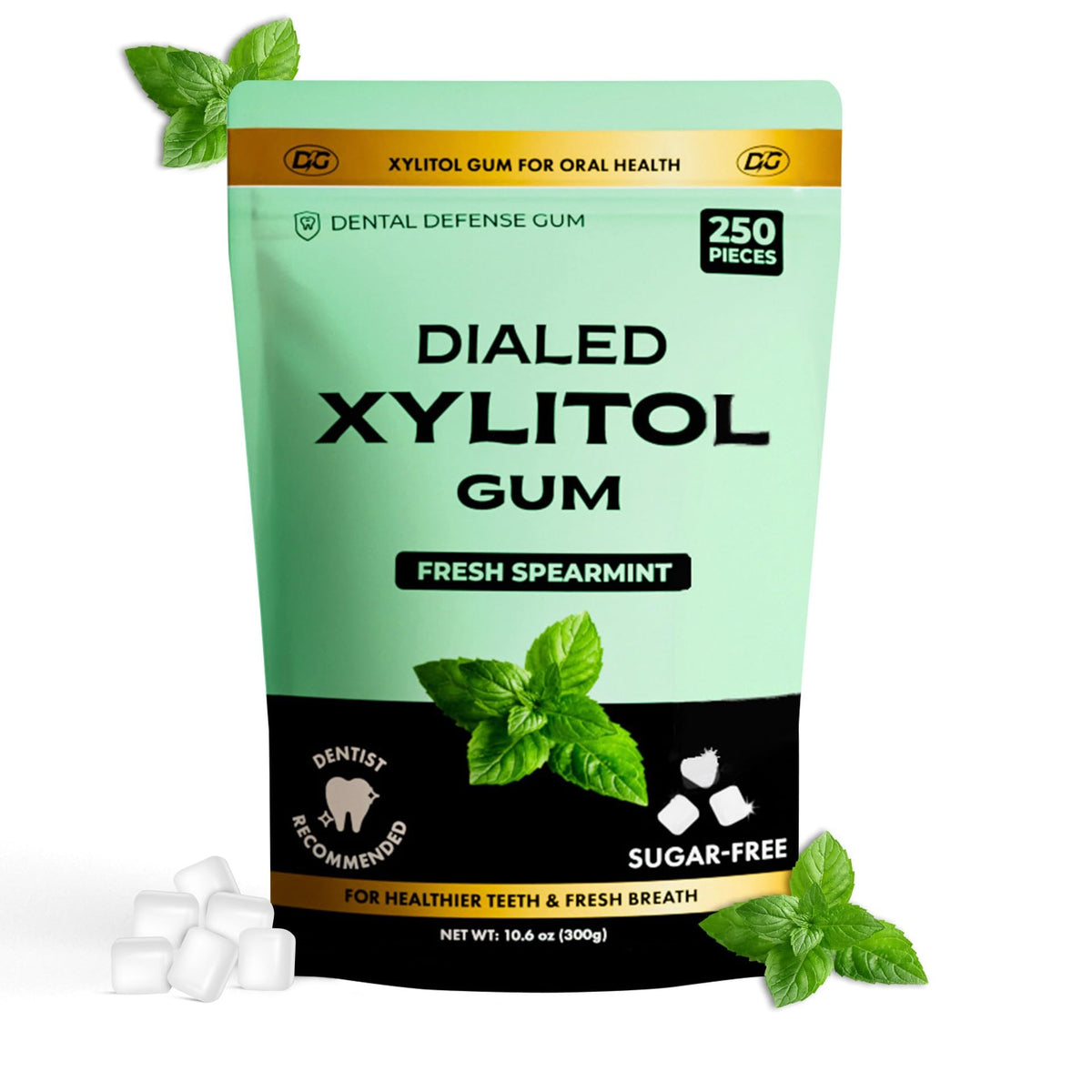Dialed Gum pack front showing 250-piece spearmint supply and convenient resealable design
