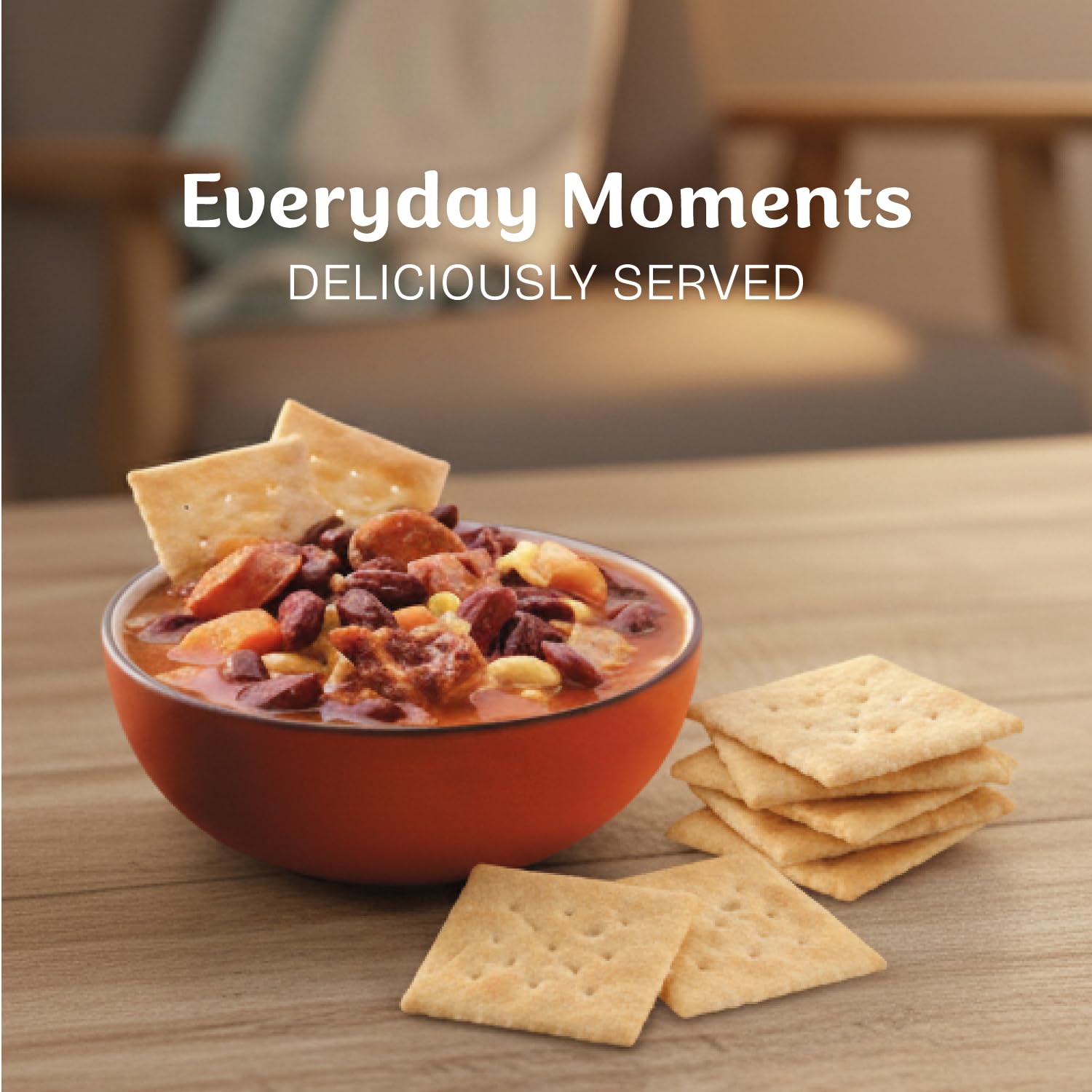 Lifestyle shot of Diamond Bakery crackers served at a kitchen table for casual entertaining and snacking