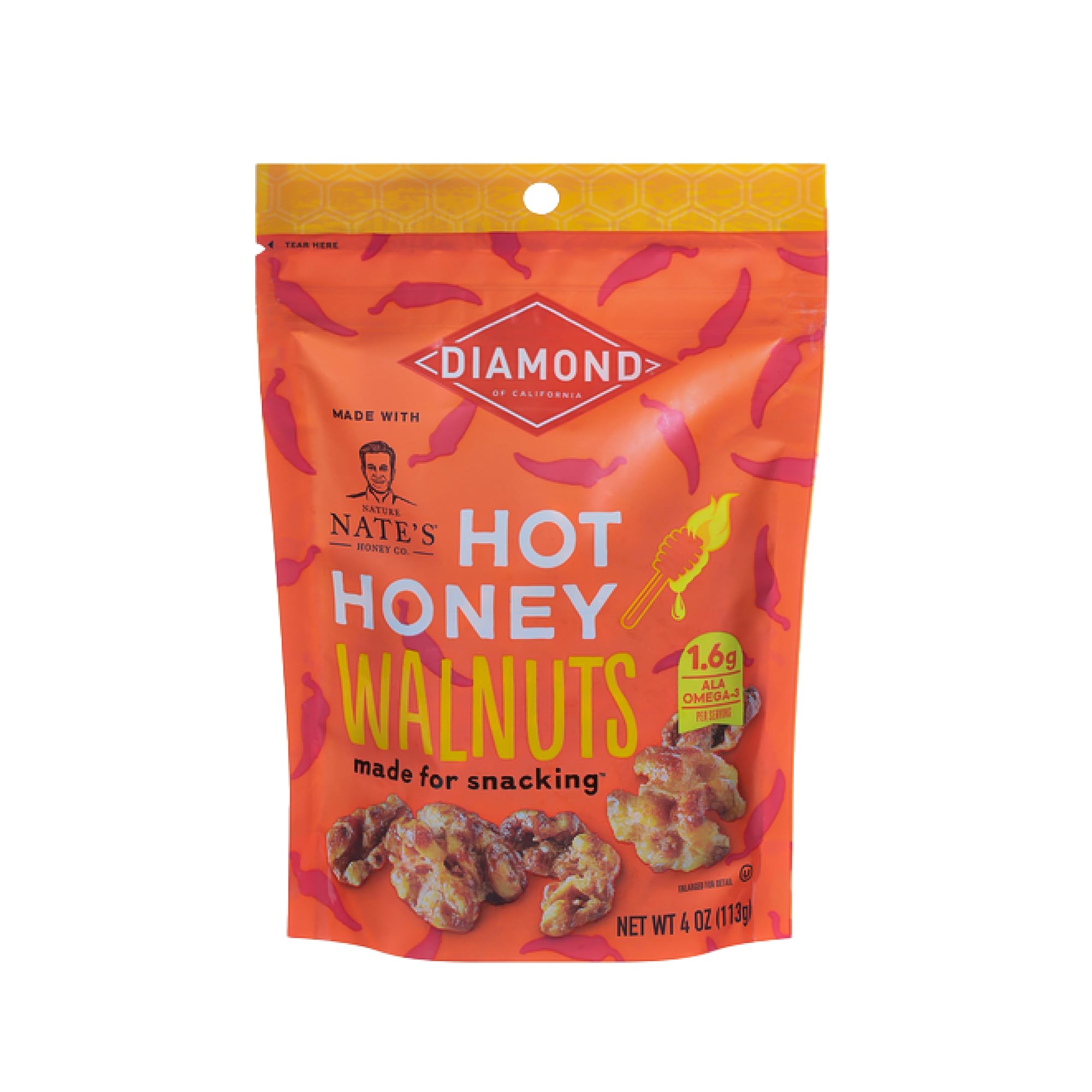 Diamond of California front pack showing hot honey walnuts and resealable bag benefit