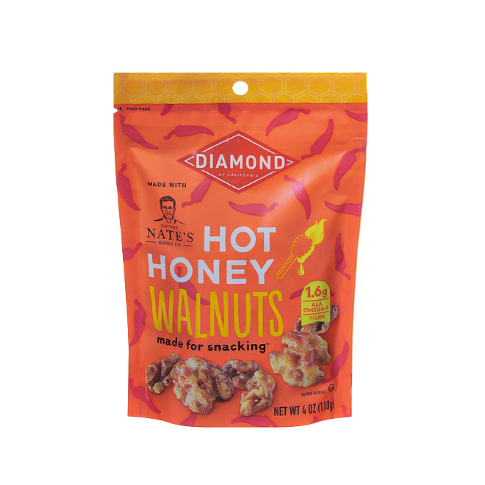 Diamond of California front pack showing hot honey walnuts and resealable bag benefit