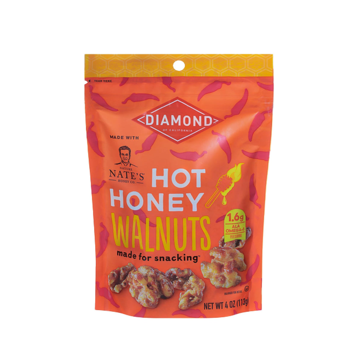 Diamond of California front pack showing hot honey walnuts and resealable bag benefit