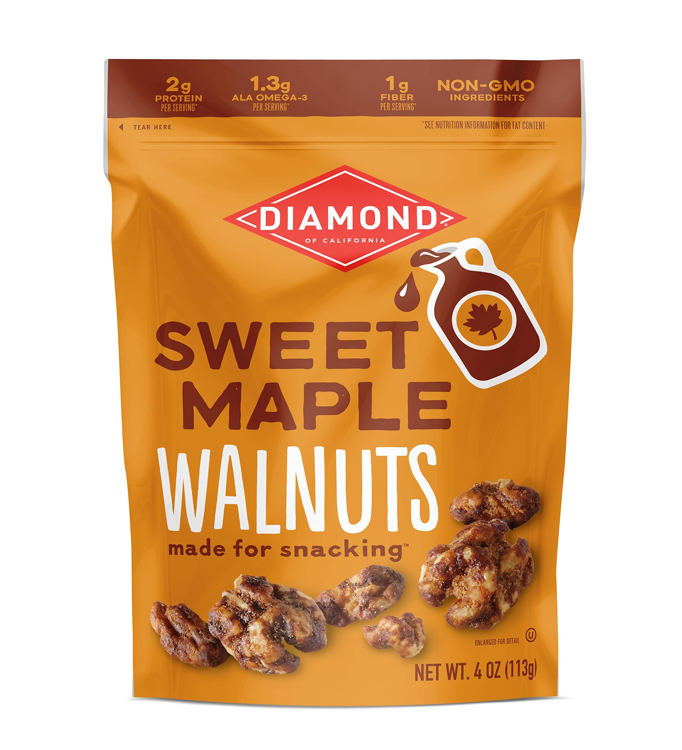 Diamond of California front packaging showing 4 oz maple walnut bag and benefits