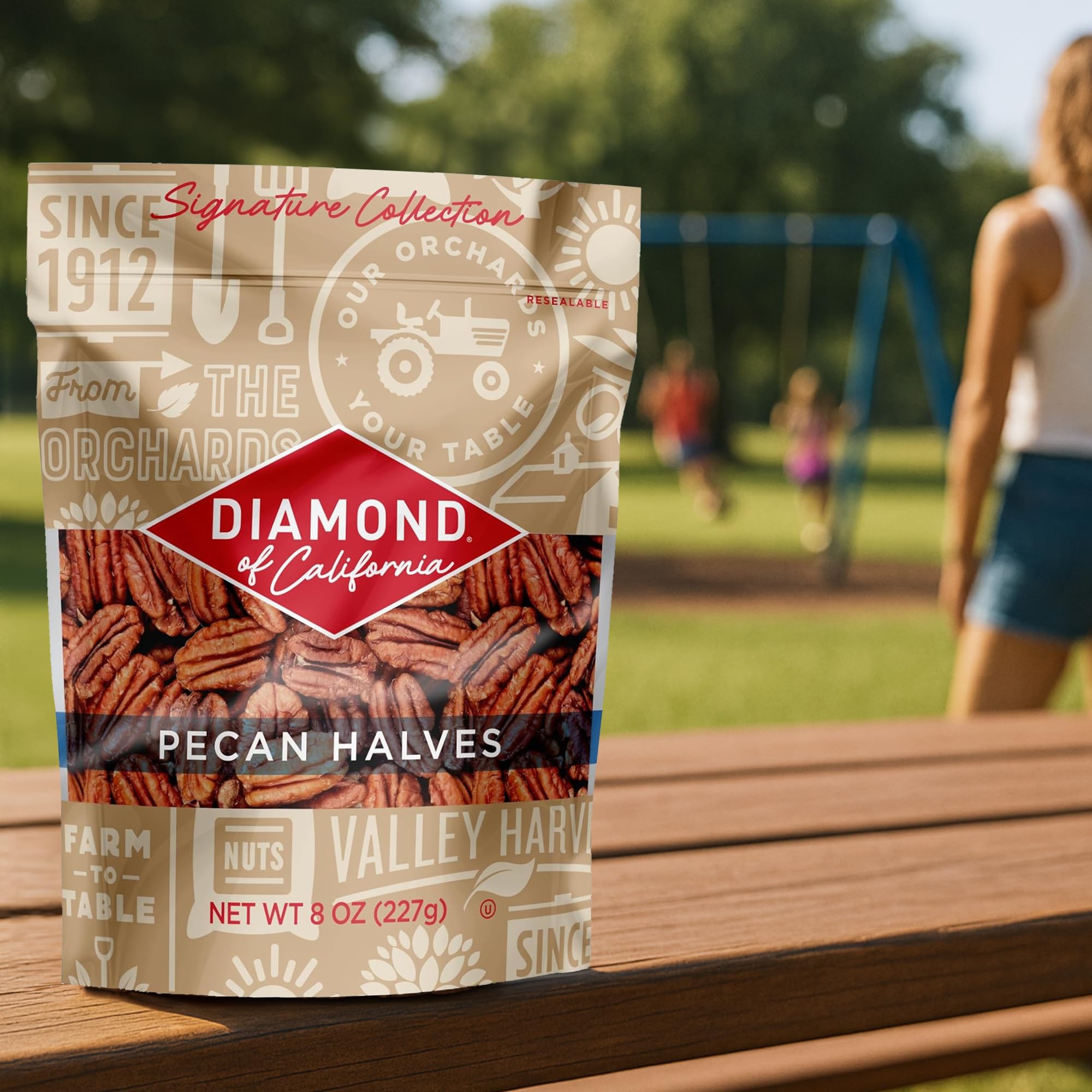 Diamond of California pecan halves in kitchen setting for recipe use