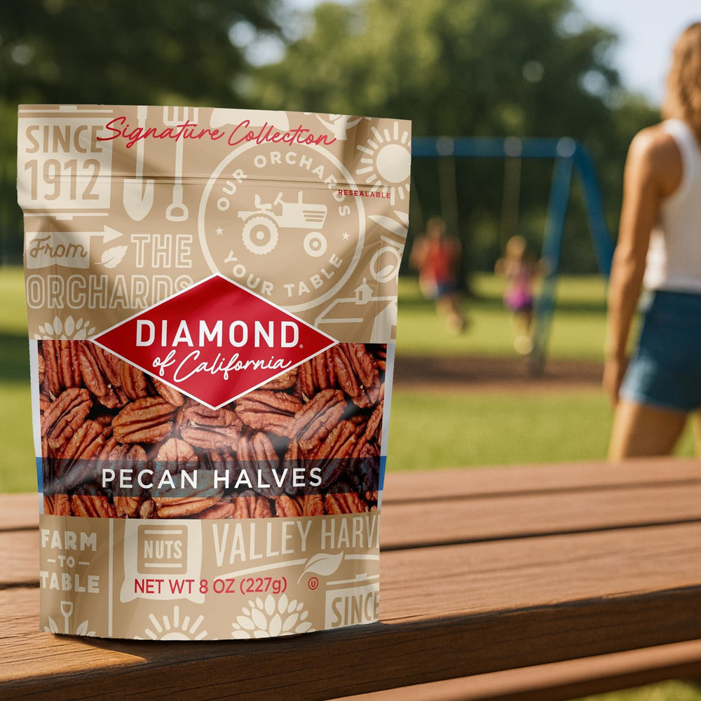 Diamond of California pecan halves in kitchen setting for recipe use