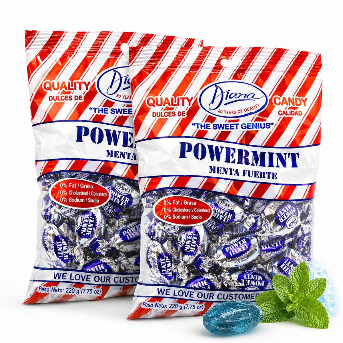 DIANA Power Mint front pouch showing branding and strong mint promise benefit