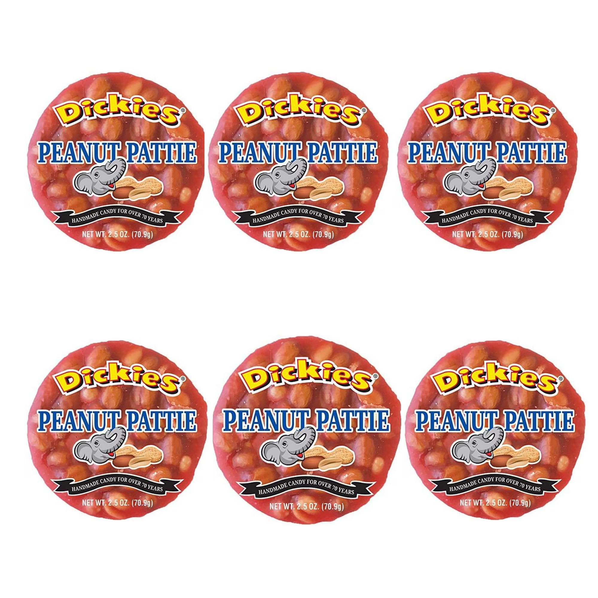 Dickies peanut patties front packaging showing six 2.5 oz patties and label benefit