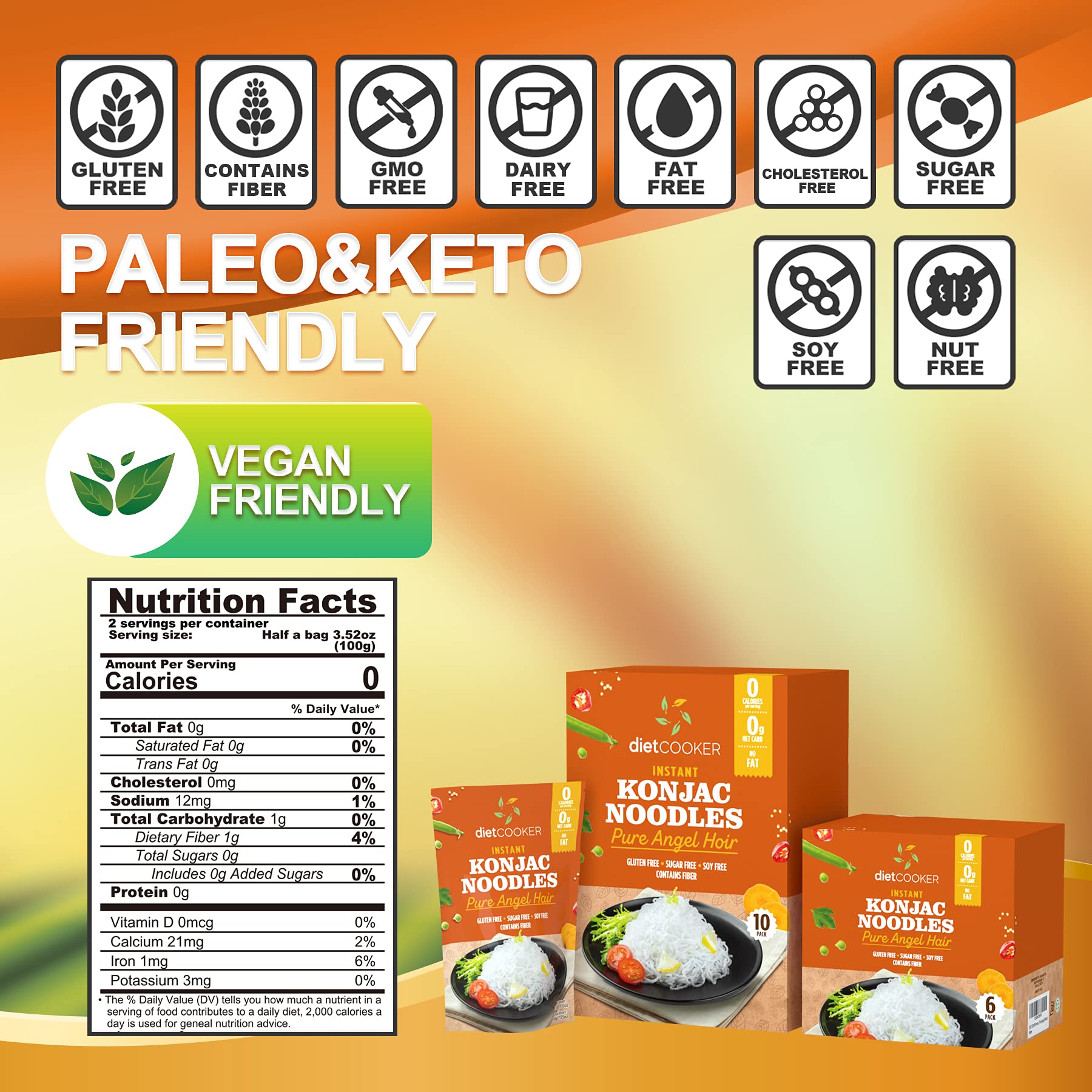 DIET COOKER close-up texture of konjac angel hair noodles highlighting low-calorie look
