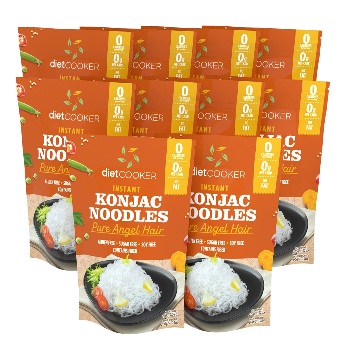 DIET COOKER front packaging of angel hair shirataki noodles showing brand and pack benefits