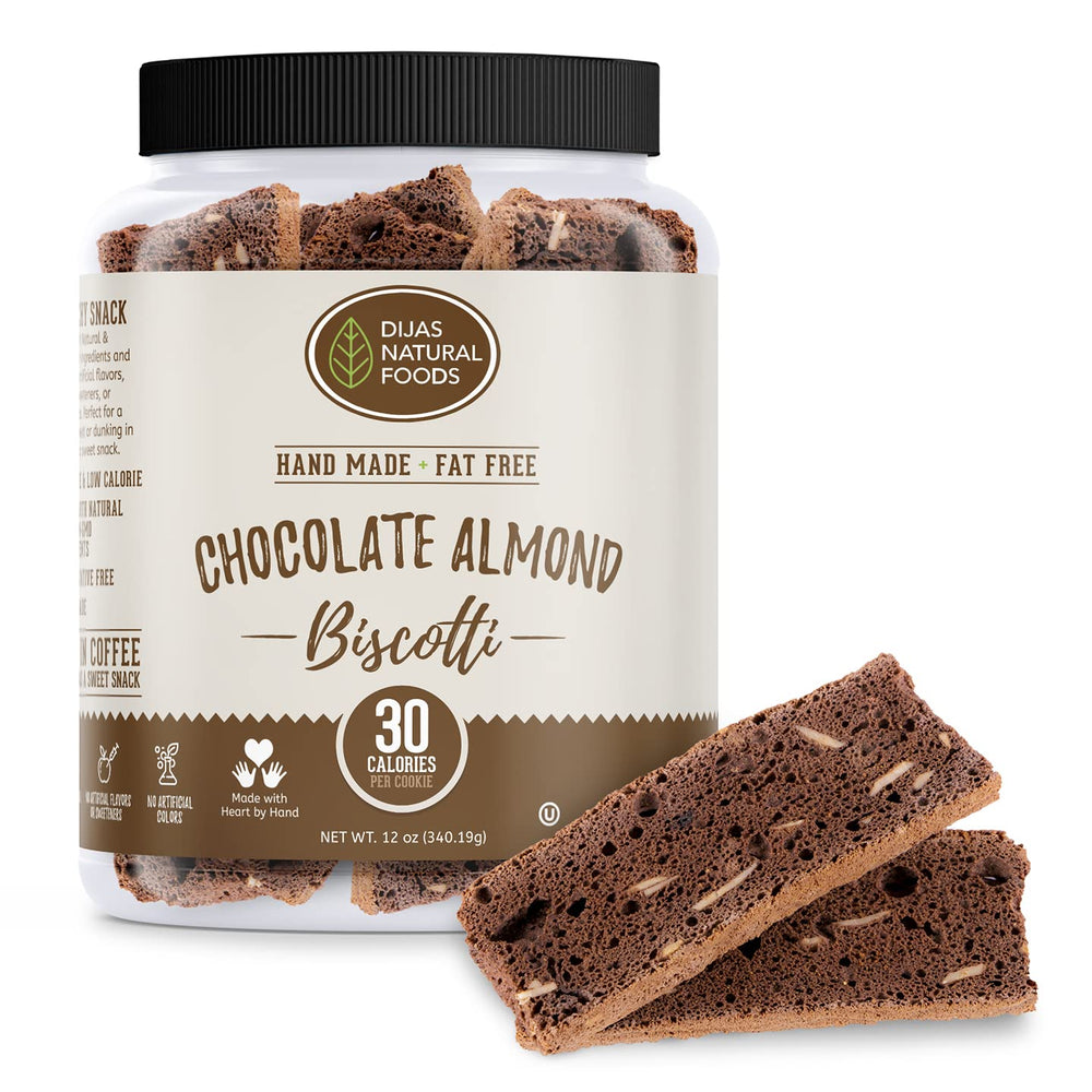 DIJAS front packaging showing chocolate almond biscotti and benefits