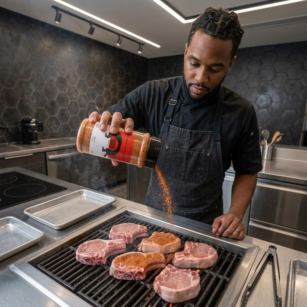Dillo Dust seasoning on steak sizzling on grill for bold taste