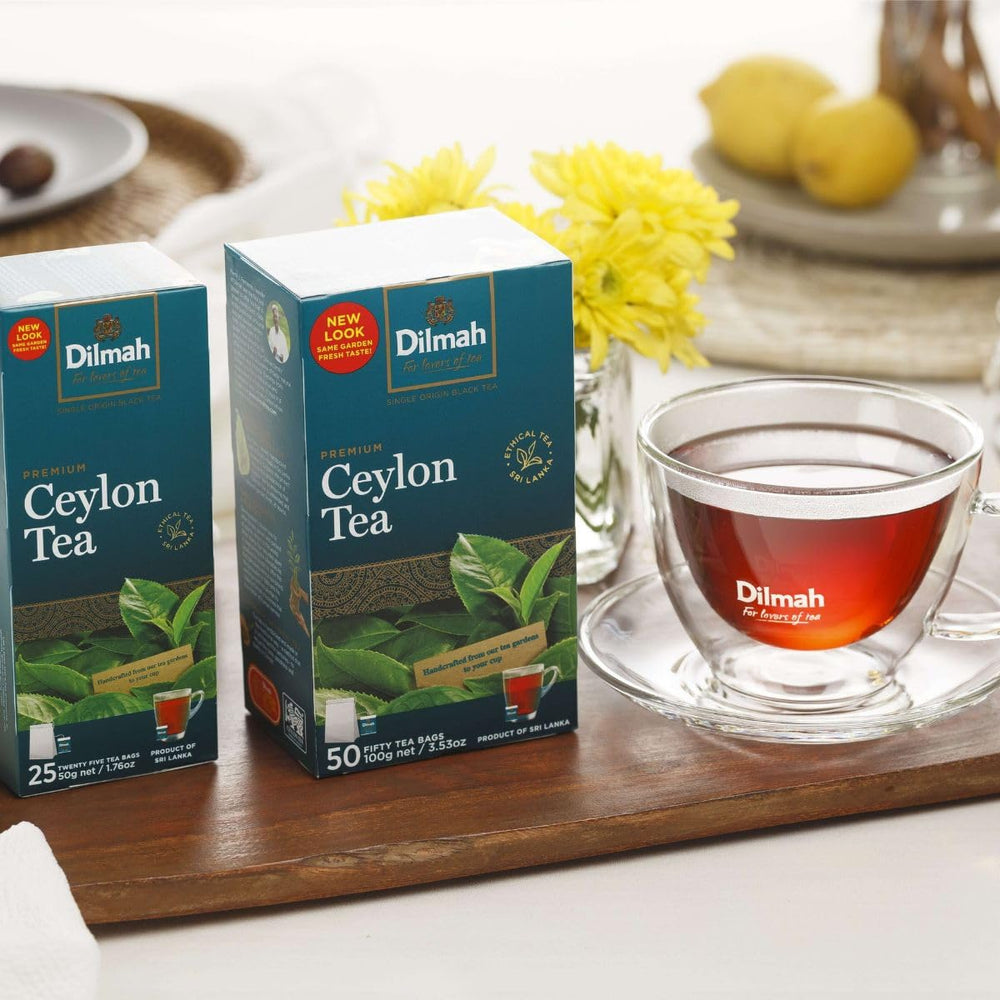 Brewed cup of Dilmah tea with amber color illustrating balanced aroma benefit
