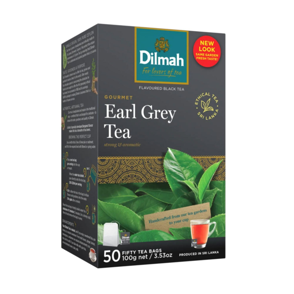 Dilmah front packaging showing Earl Grey tea and clear product benefits