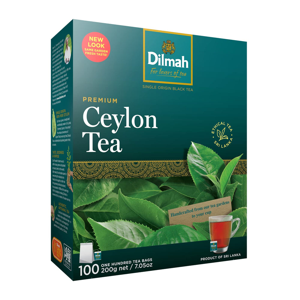 Dilmah front packaging showing 100 tea bags and bold Ceylon identity benefit freshness