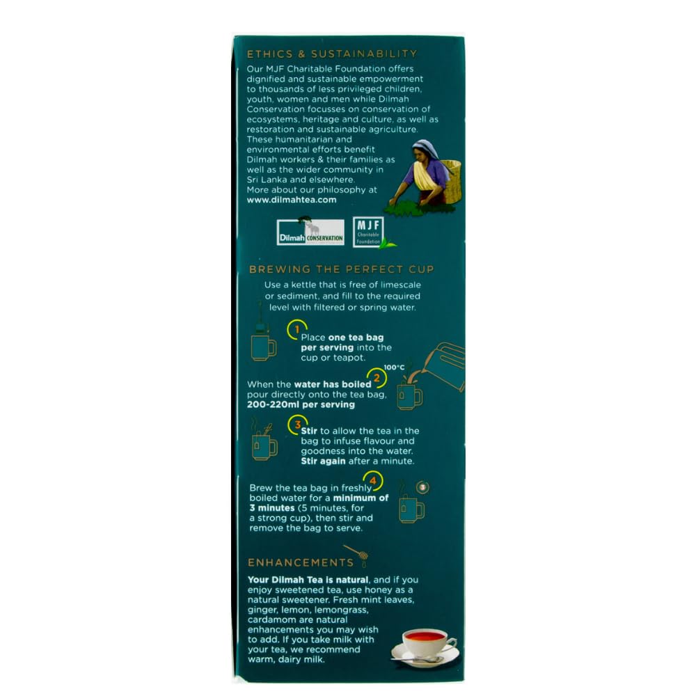 Dilmah label close-up showing sustainability notes and community impact benefit