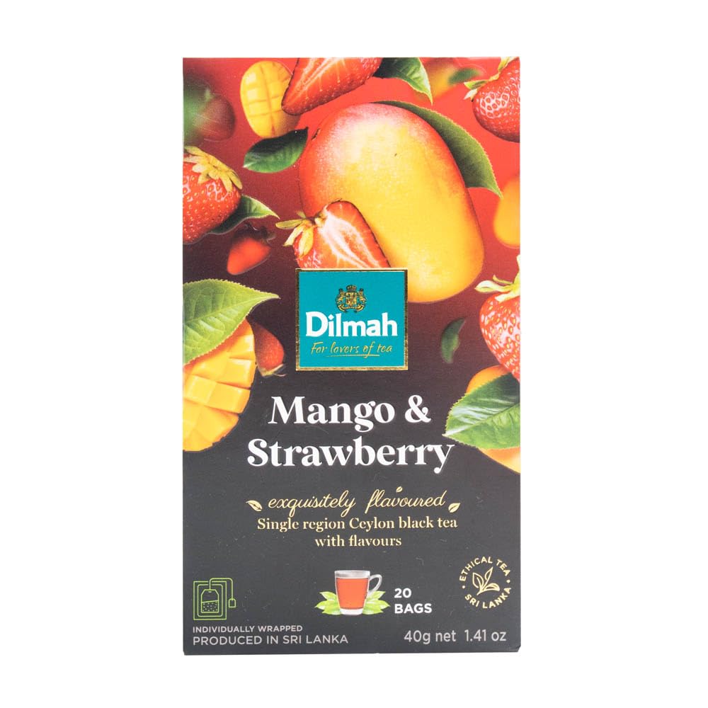 Dilmah front box showing mango and strawberry flavor and convenient 20 bags
