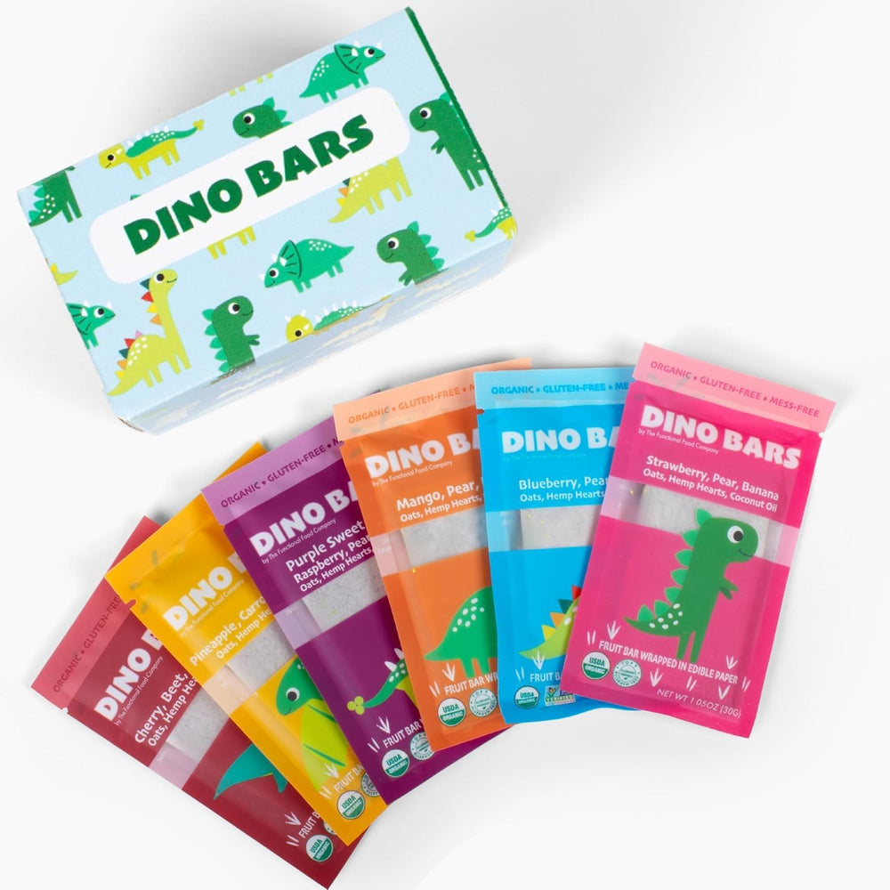 DINO BARS front packaging showing variety pack and organic badge benefit