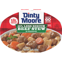 Dinty Moore front packaging showing convenient 9oz tray and 6-pack benefit