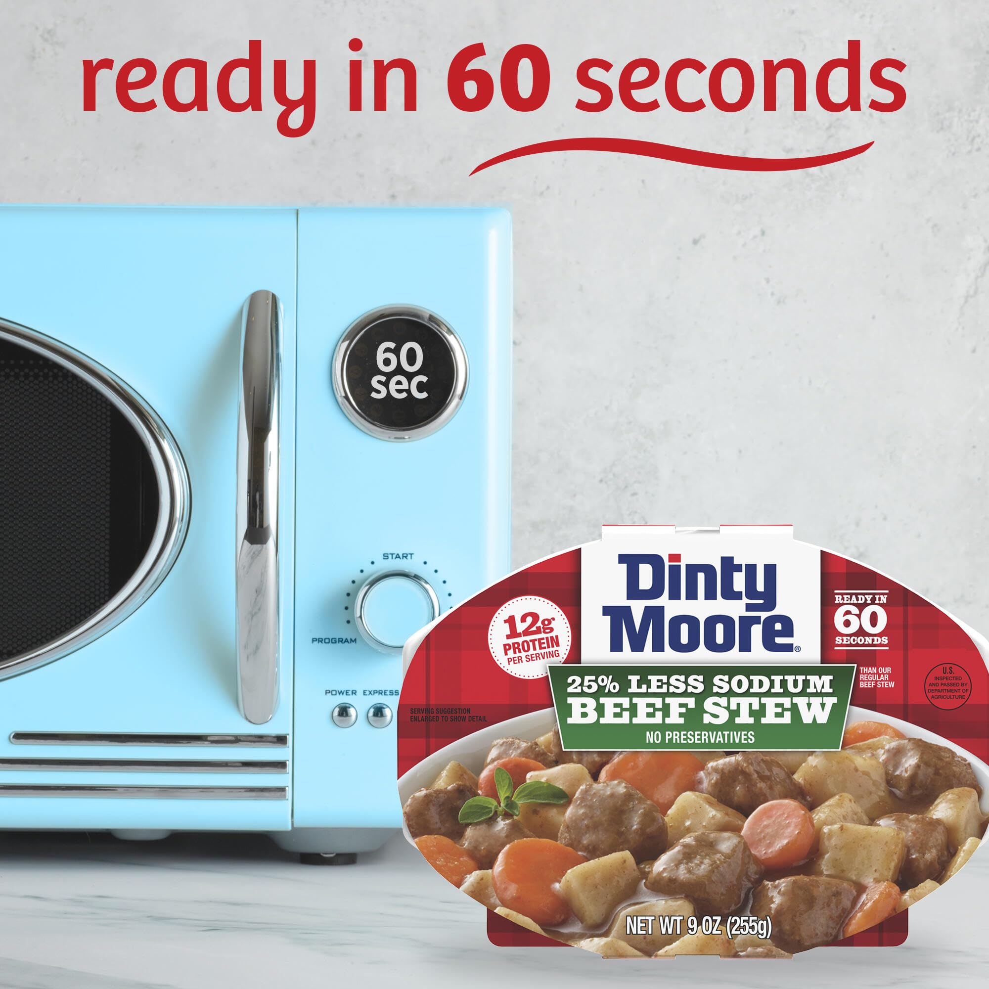 Dinty Moore ingredients close-up showing beef and potatoes for protein boost