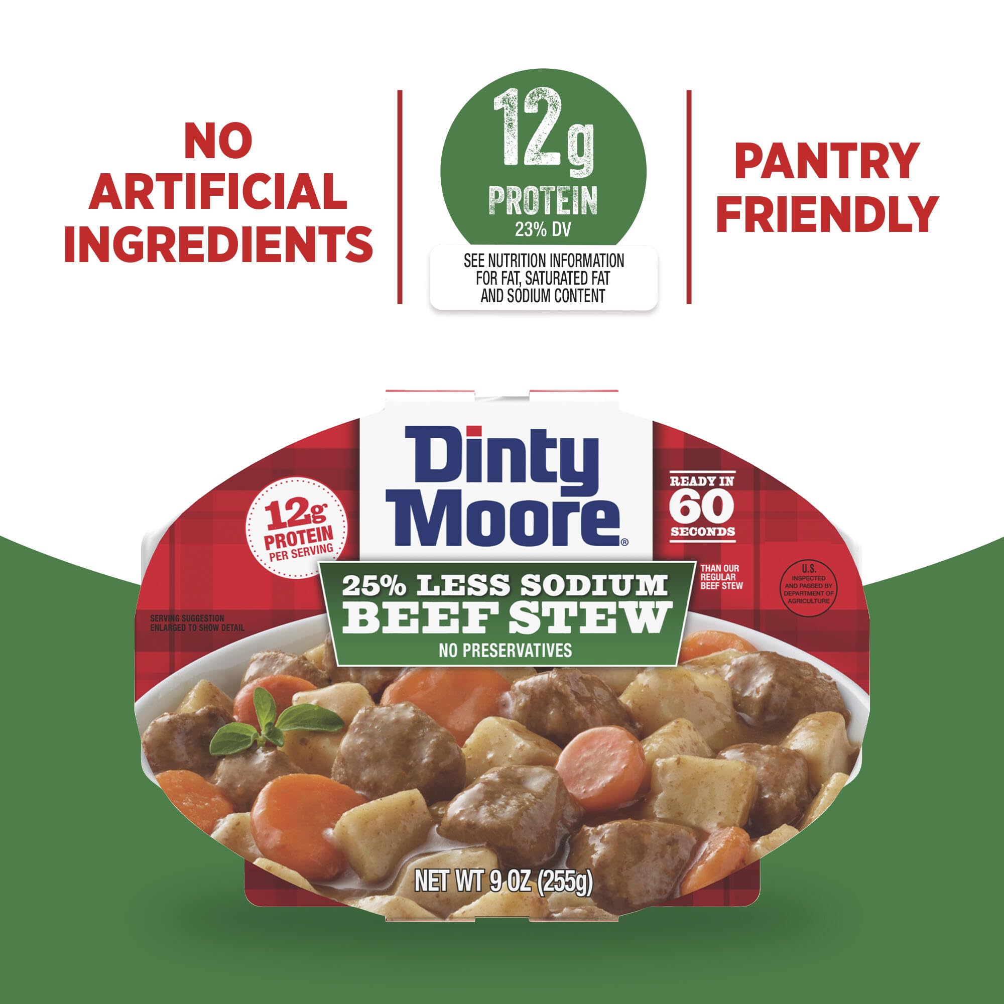 Dinty Moore nutrition label detail showing protein info and less sodium