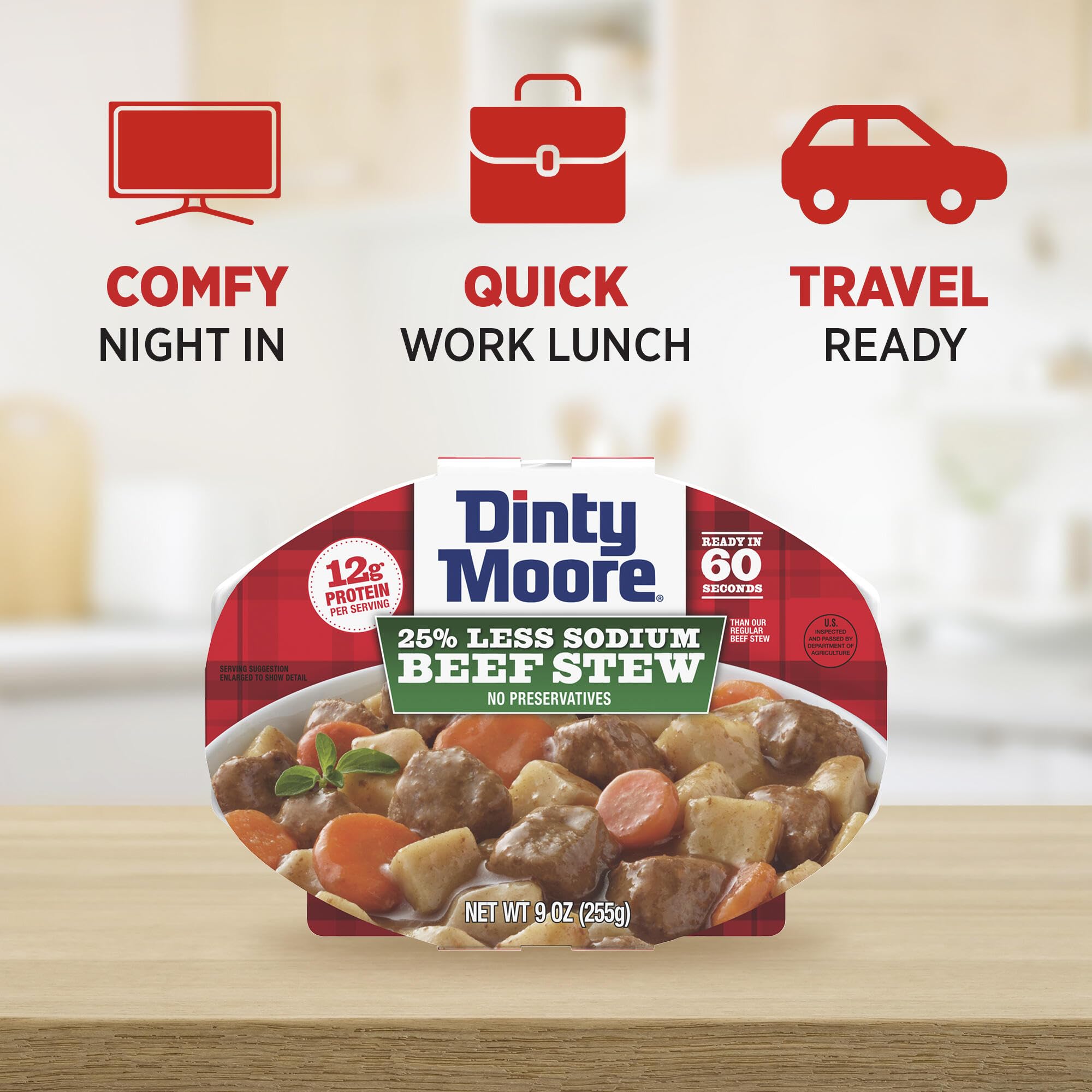Dinty Moore stew served in bowl in kitchen showing ready-to-eat convenience