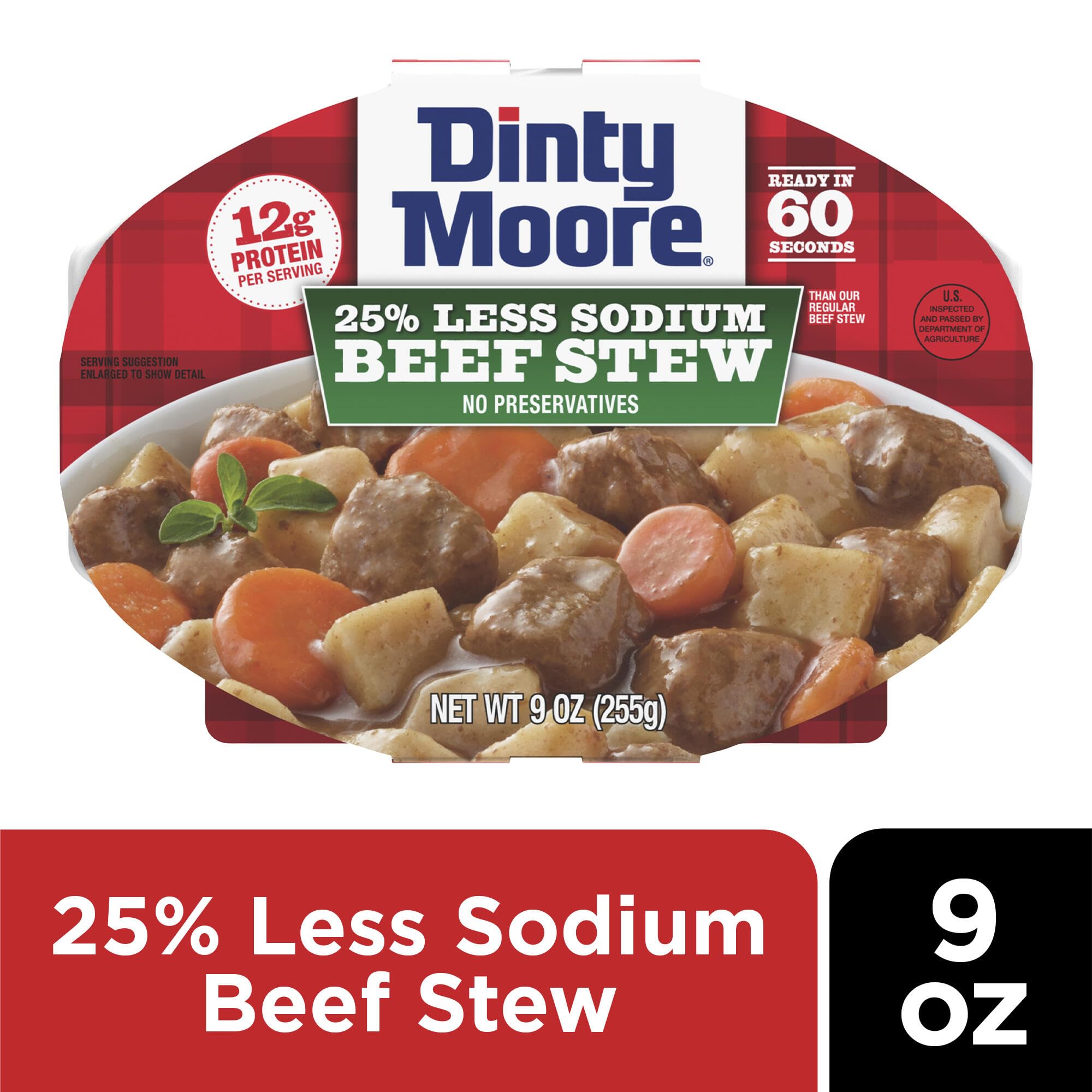 Dinty Moore tray close-up texture showing beef and vegetables for hearty meal